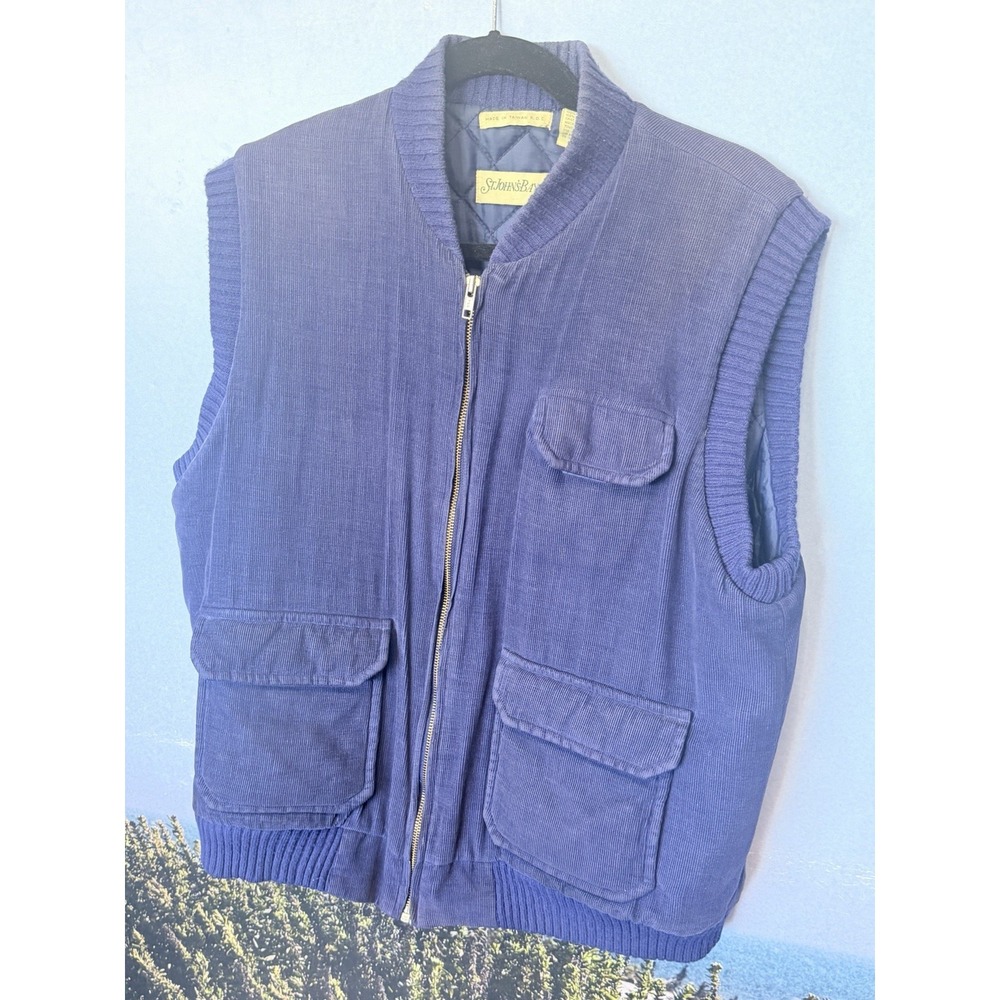 St. Johns Bay Vest Mens L Blue Corduroy Quilted Lined Full Zip Utility Pocket